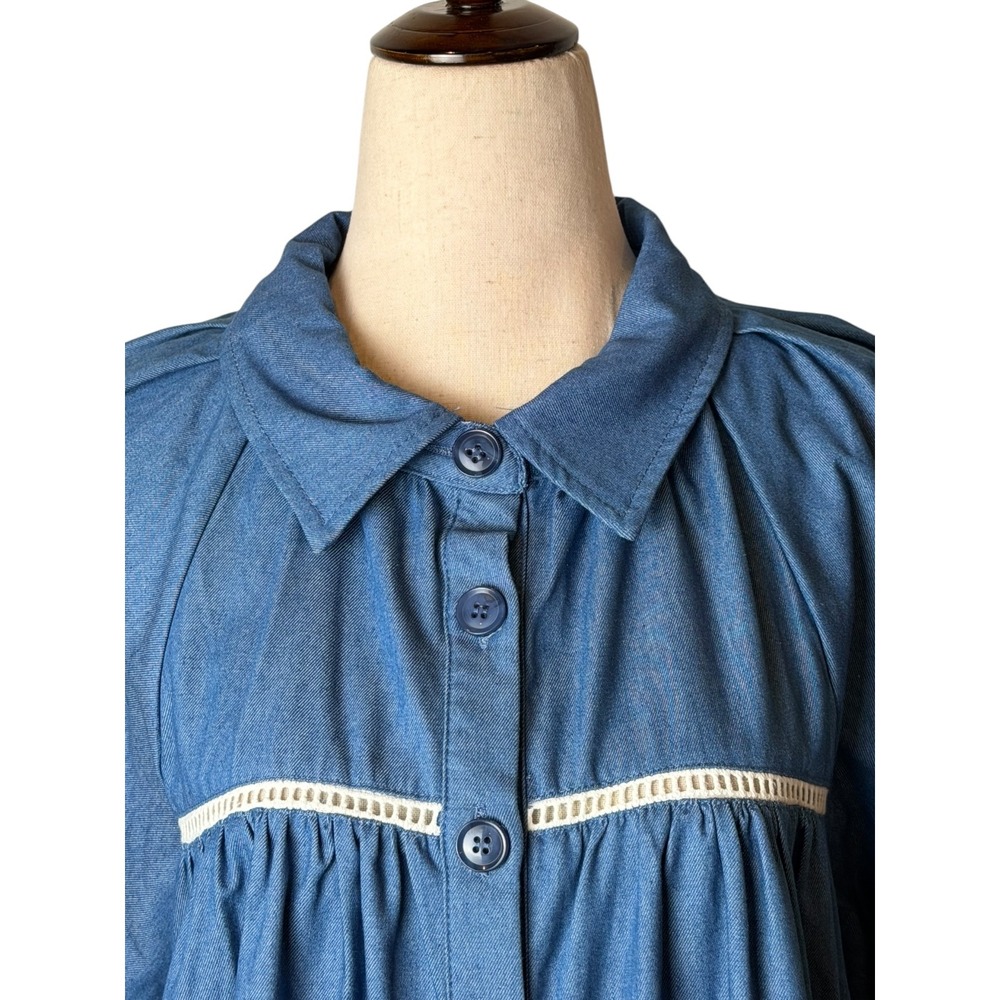 En Saison Tara Tiered Cotton Trapeez Shirtdress Women Medium Blue Mini Bohoi - Picture 5 of 11